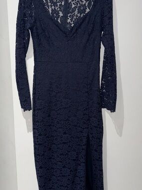Zara Navy Lace Long-Sleeve V-Neck Dress